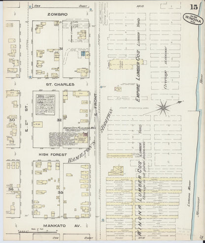 Sanborn Fire Insurance Map from Winona, Winona County, Minnesota (1884), Sheet #0015 - Historic Sanborn Fire Insurance Map Print, vintage old map wall art, antique decor, genealogy gift, Minnesota Minnesota map