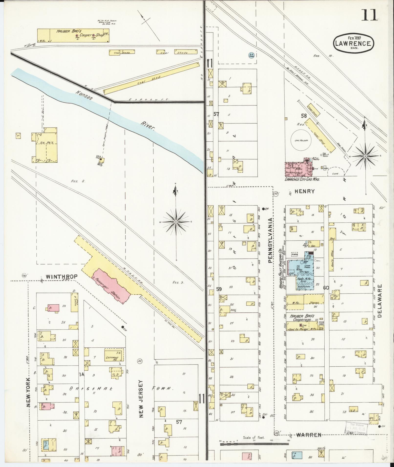 Sanborn Fire Insurance Map from Lawrence, Douglas County, Kansas (1897), Sheet #0011 - Complete Map Set gallery image, historic Sanborn map, vintage wall art, Kansas Kansas