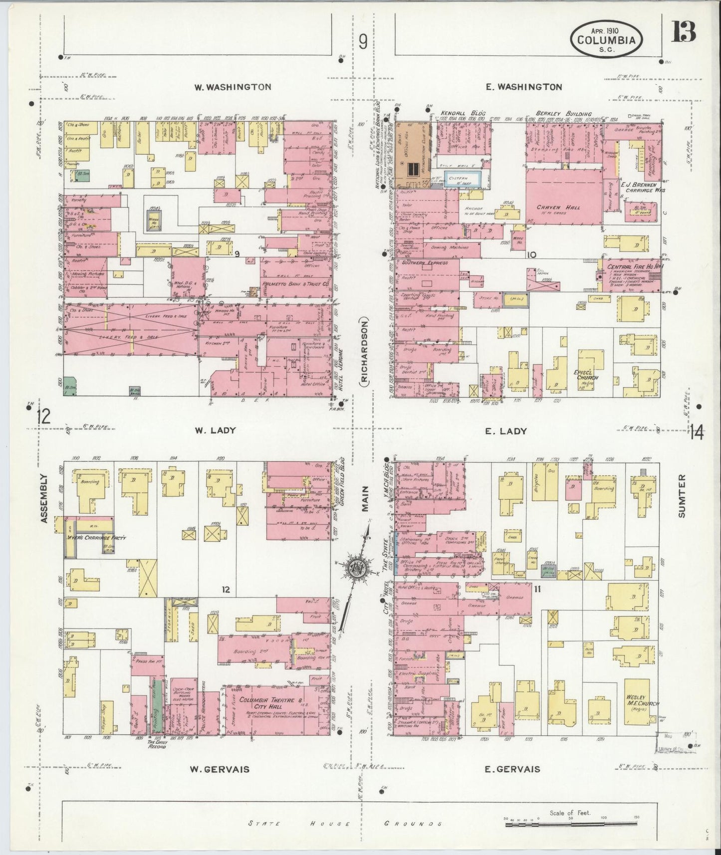 Sanborn Fire Insurance Map from Columbia, Richland County, South Carolina (1910), Sheet #0013 - Complete Map Set gallery image, historic Sanborn map, vintage wall art, South Carolina South Carolina