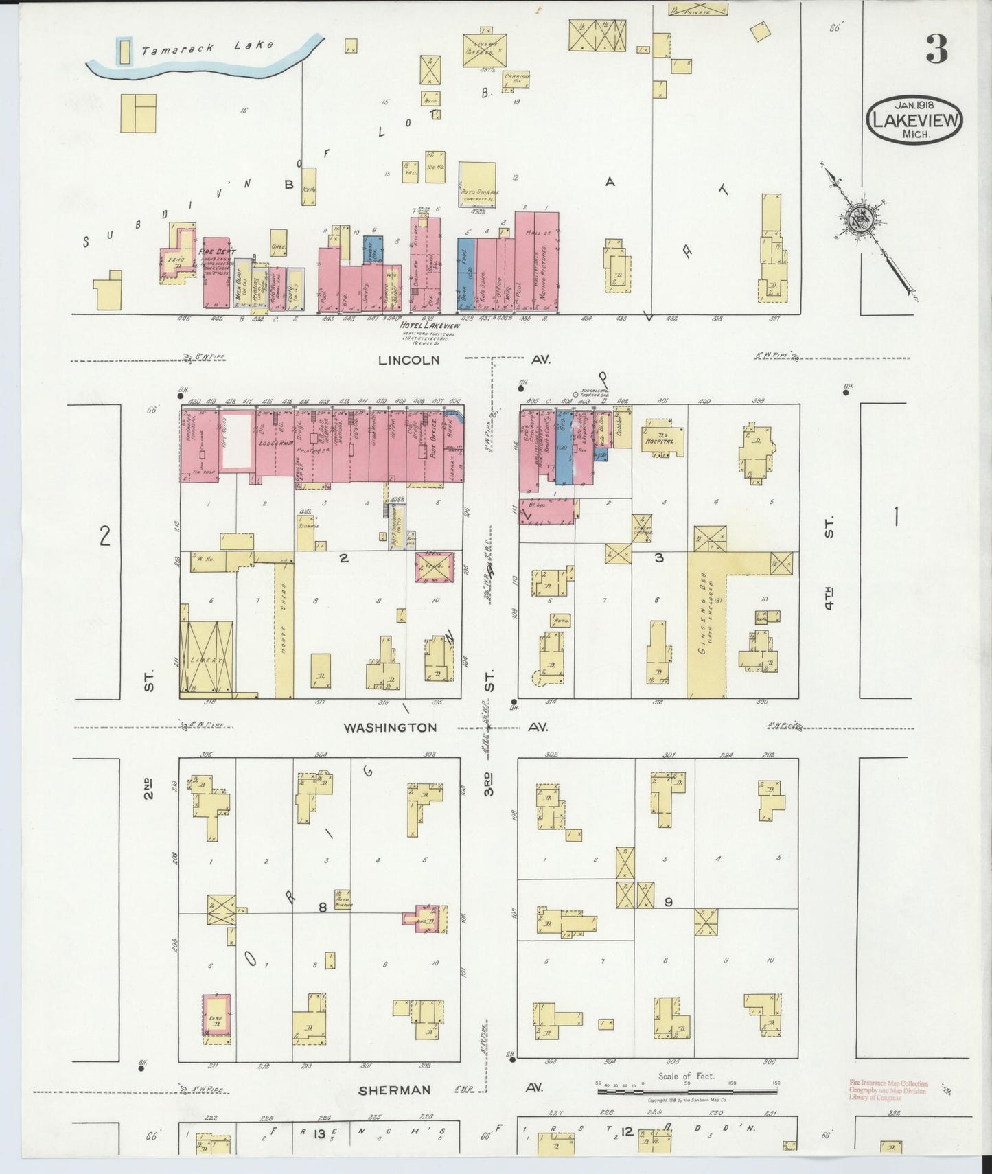 Sanborn Fire Insurance Map from Lakeview, Montcalm County, Michigan (1918), Sheet #0003 - Complete Map Set gallery image, historic Sanborn map, vintage wall art, Michigan Michigan