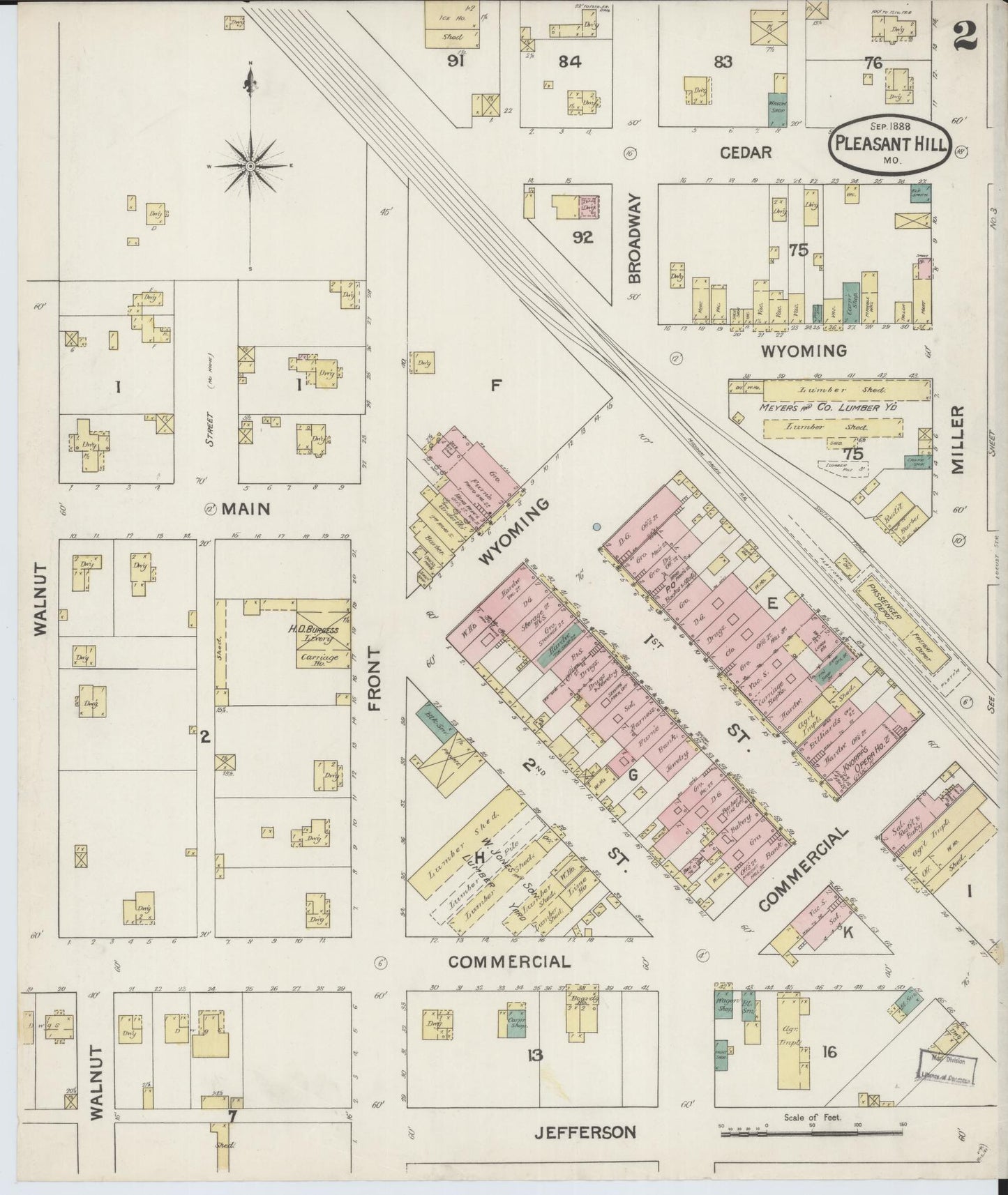 Sanborn Fire Insurance Map from Pleasant Hill, Cass County, Missouri (1888), Sheet #0002 - Complete Map Set gallery image, historic Sanborn map, vintage wall art, Missouri Missouri