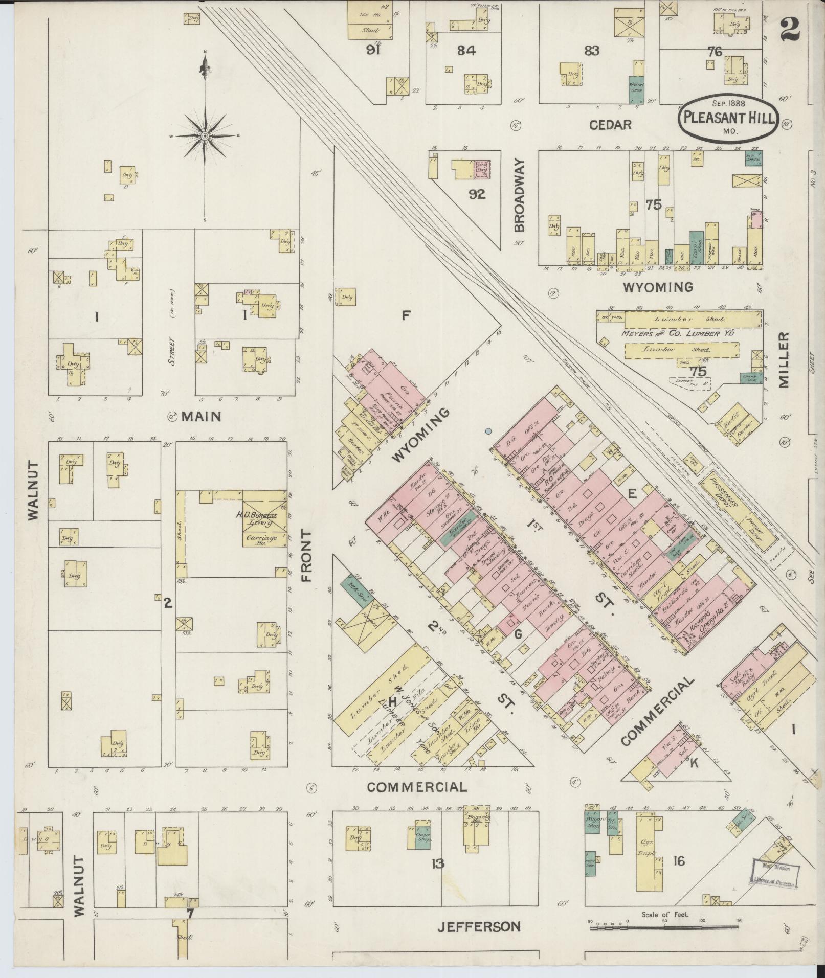 Sanborn Fire Insurance Map from Pleasant Hill, Cass County, Missouri (1888), Sheet #0002 - Complete Map Set gallery image, historic Sanborn map, vintage wall art, Missouri Missouri