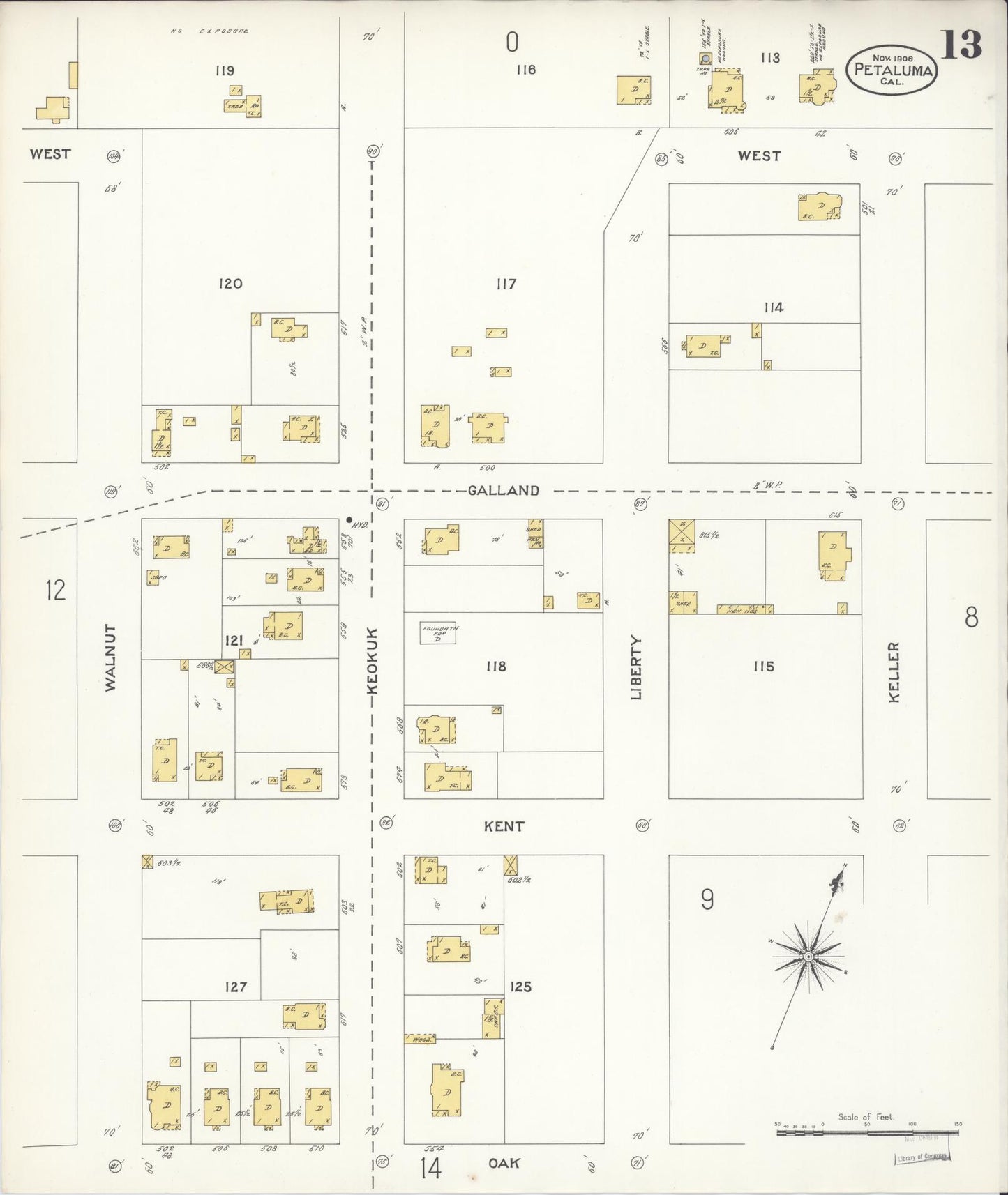 Sanborn Fire Insurance Map from Petaluma, Sonoma County, California (1906), Sheet #0013 - Complete Map Set gallery image, historic Sanborn map, vintage wall art, California California