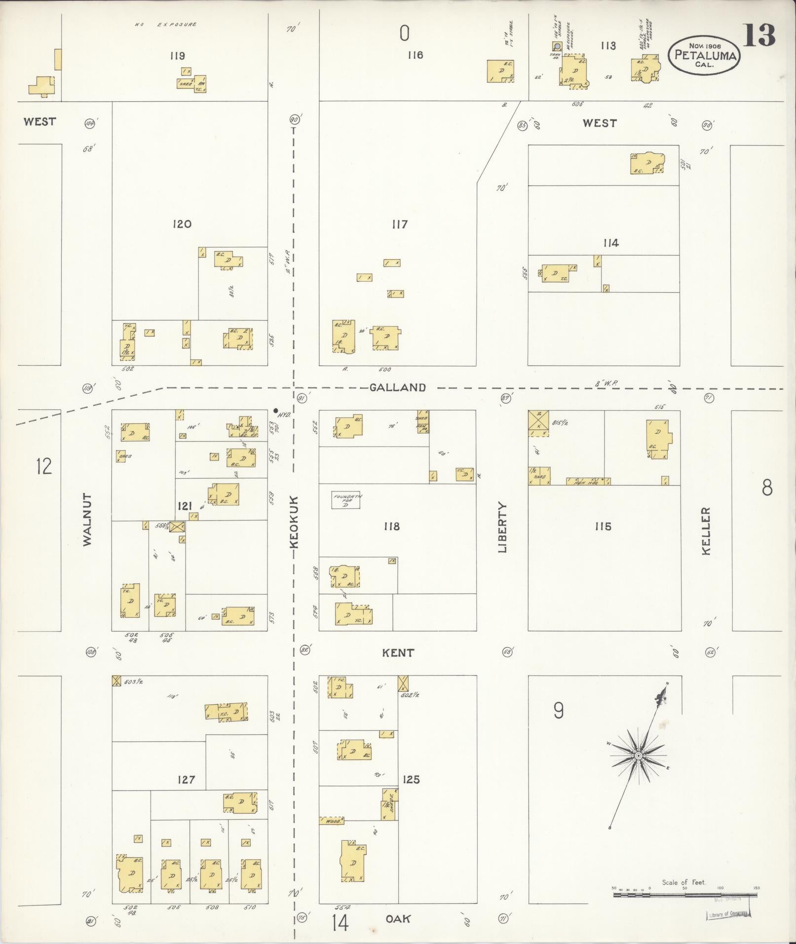 Sanborn Fire Insurance Map from Petaluma, Sonoma County, California (1906), Sheet #0013 - Complete Map Set gallery image, historic Sanborn map, vintage wall art, California California