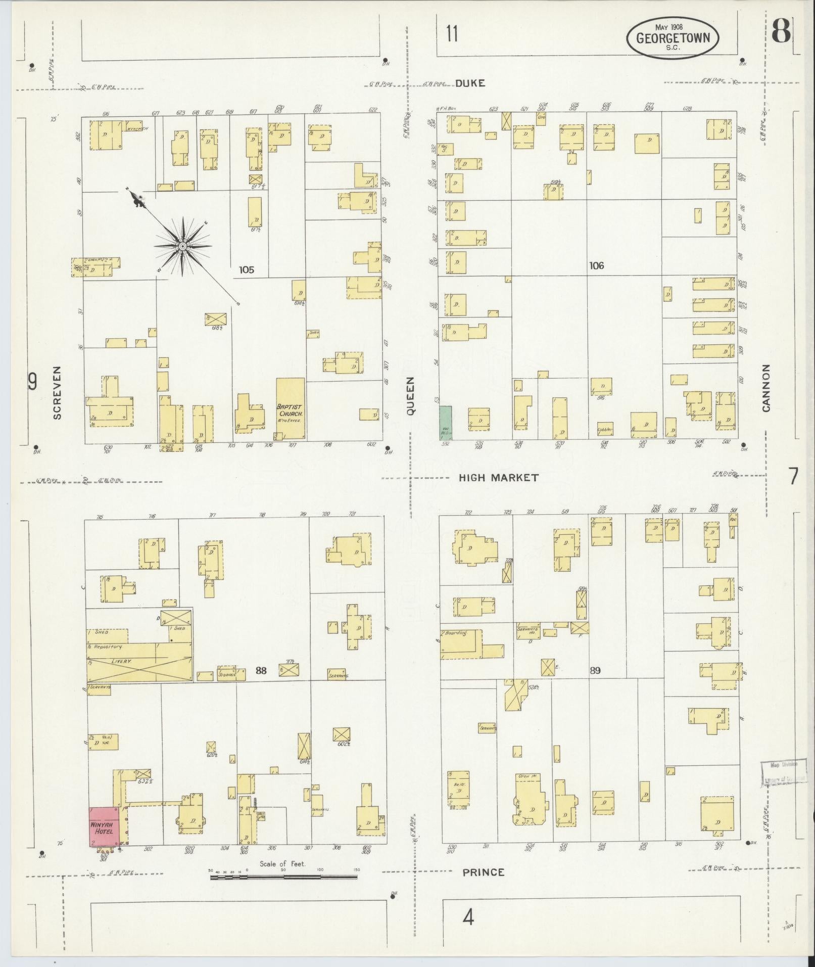 Sanborn Fire Insurance Map from Georgetown, Georgetown County, South Carolina (1908), Sheet #0008 - Historic Sanborn Fire Insurance Map Print, vintage old map wall art, antique decor, genealogy gift, South Carolina South Carolina map