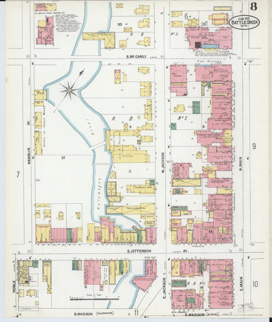 Sanborn Fire Insurance Map from Battle Creek, Calhoun County, Michigan (1902), Sheet #0008 - Historic Sanborn Fire Insurance Map Print, vintage old map wall art, antique decor, genealogy gift, Michigan Michigan map