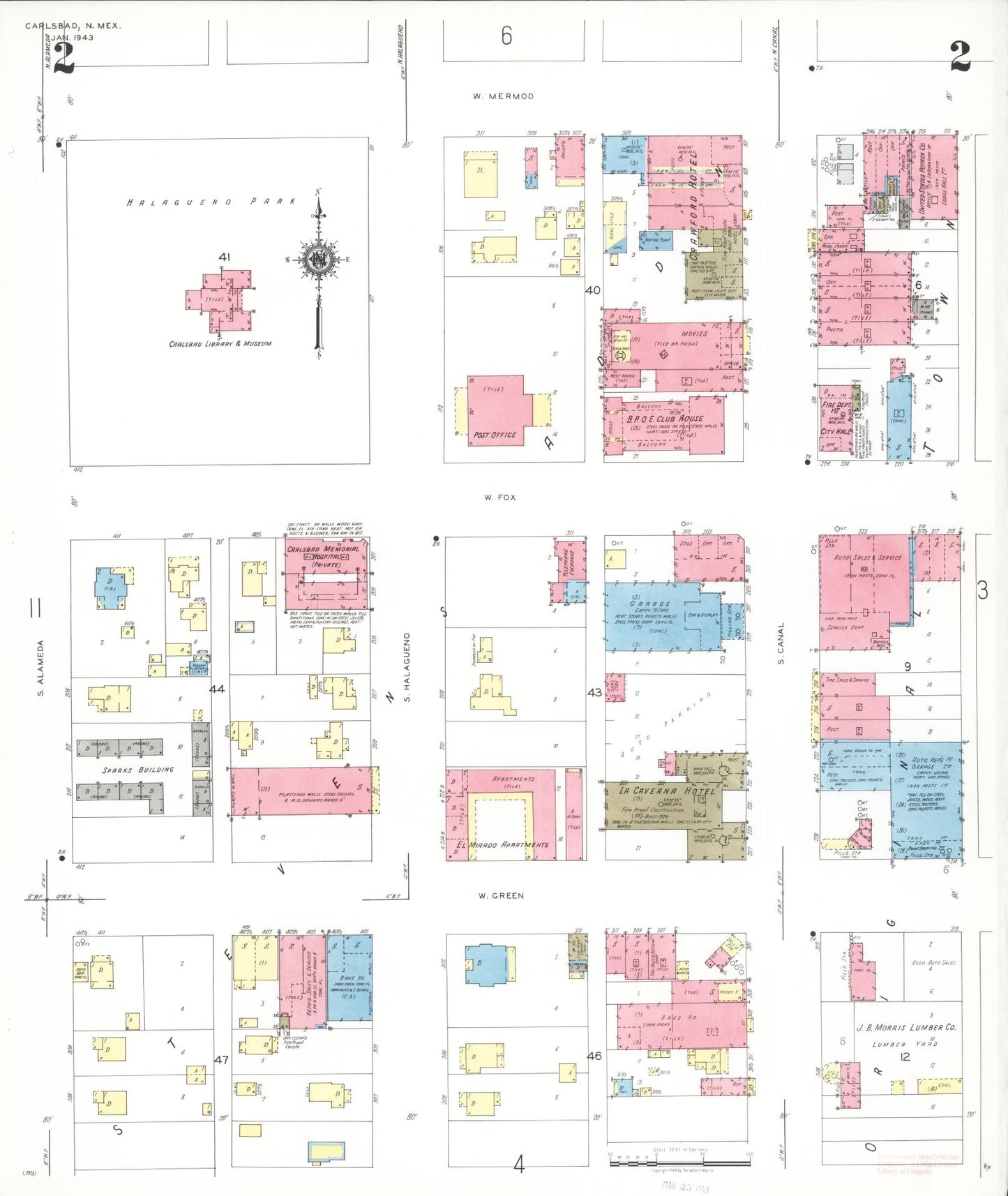 Sanborn Fire Insurance Map from Carlsbad, Eddy County, New Mexico (1943), Sheet #0002 - Complete Map Set gallery image, historic Sanborn map, vintage wall art, New Mexico New Mexico