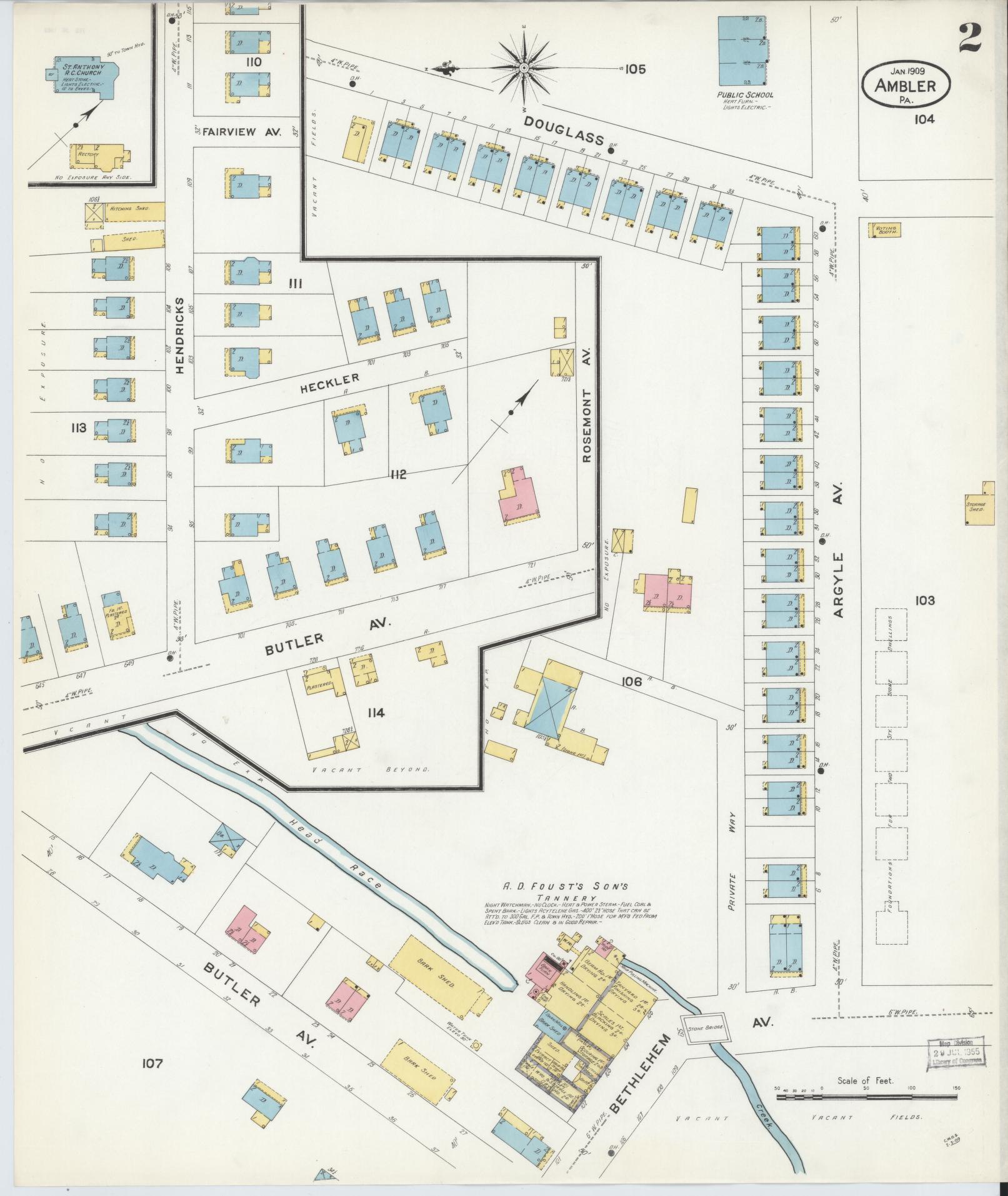 Sanborn Fire Insurance Map from Ambler, Montgomery County, Pennsylvania (1909), Sheet #0002 - Historic Sanborn Fire Insurance Map Print, vintage old map wall art, antique decor, genealogy gift, Pennsylvania Pennsylvania map