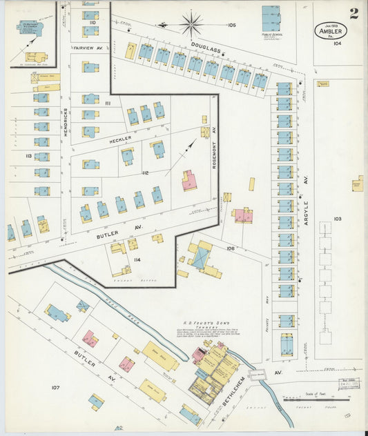 Sanborn Fire Insurance Map from Ambler, Montgomery County, Pennsylvania (1909), Sheet #0002 - Historic Sanborn Fire Insurance Map Print, vintage old map wall art, antique decor, genealogy gift, Pennsylvania Pennsylvania map