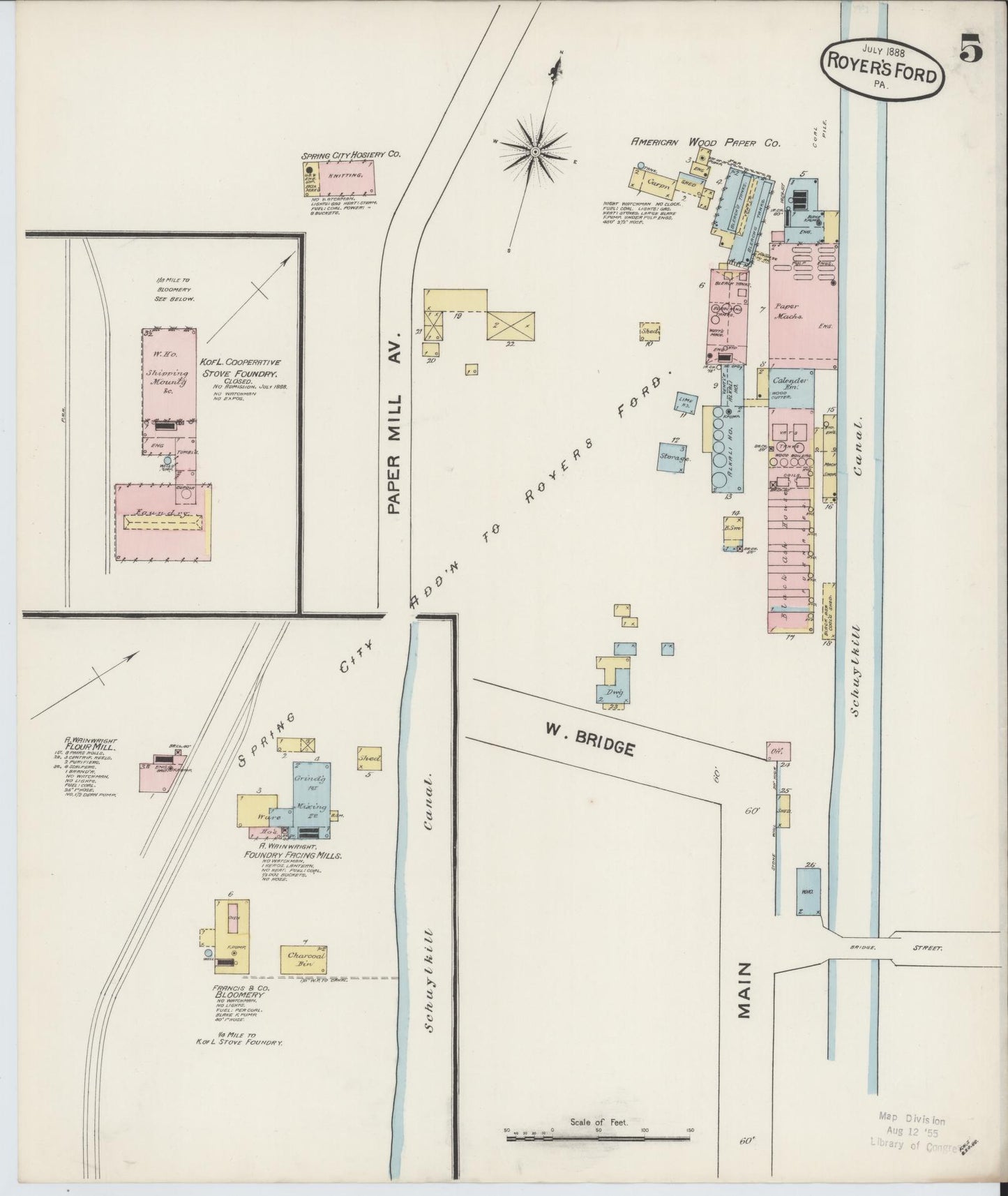 Sanborn Fire Insurance Map from Royersford, Montgomery County, Pennsylvania (1888), Sheet #0005 - Historic Sanborn Fire Insurance Map Print, vintage old map wall art, antique decor, genealogy gift, Pennsylvania Pennsylvania map