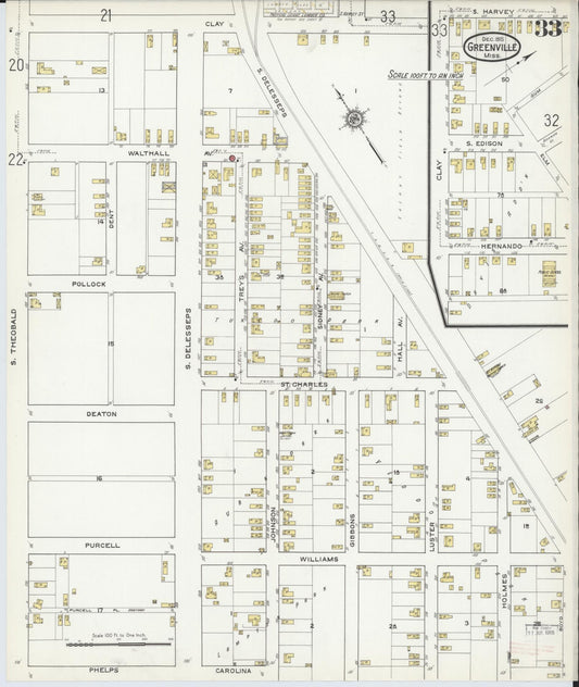 Sanborn Fire Insurance Map from Greenville, Washington County, Mississippi (1915), Sheet #0033 - Historic Sanborn Fire Insurance Map Print, vintage old map wall art, antique decor, genealogy gift, Mississippi Mississippi map