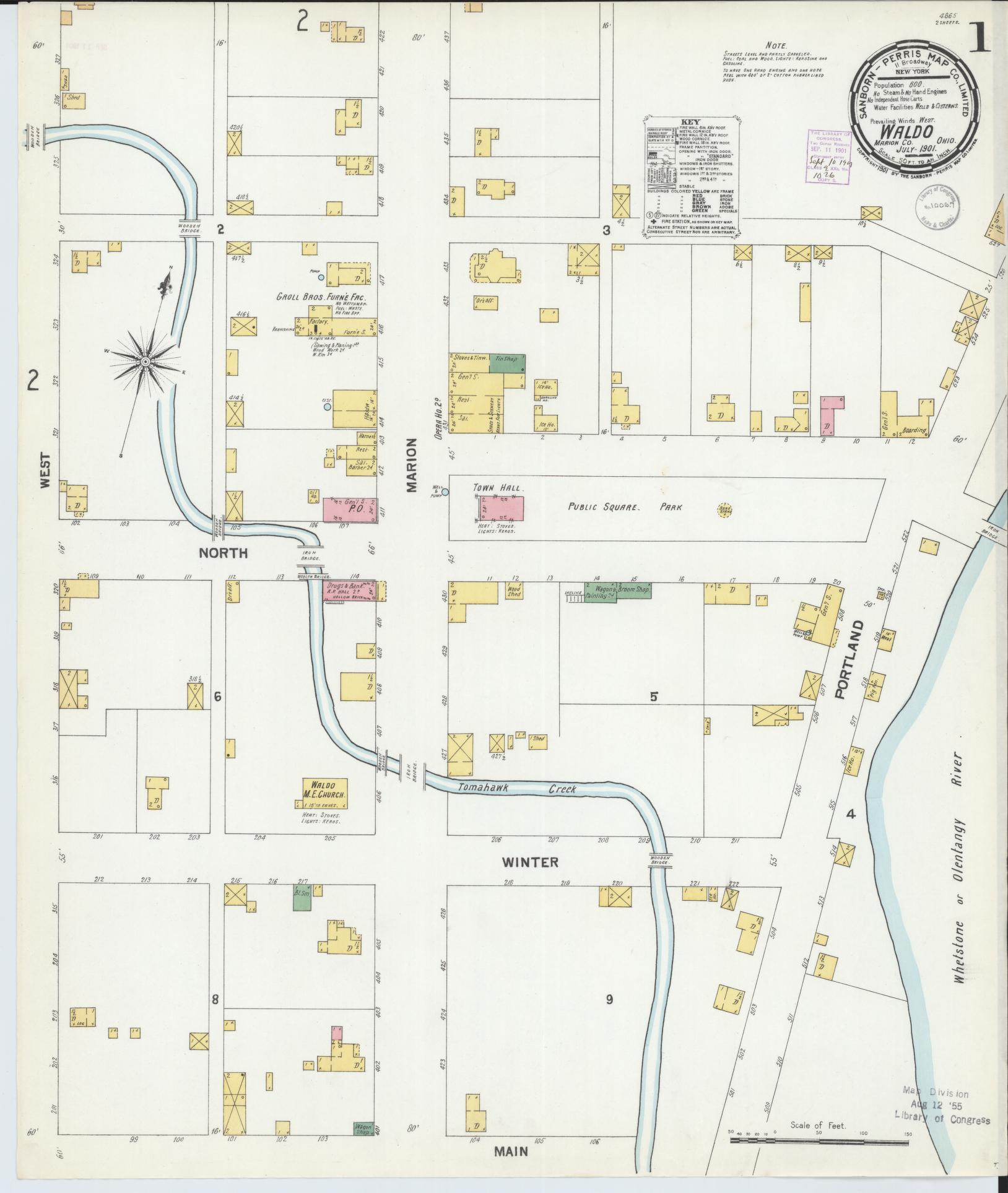Sanborn Fire Insurance Map from Waldo, Marion County, Ohio (1901), Sheet #0001 - Historic Sanborn Fire Insurance Map Print, vintage old map wall art, antique decor, genealogy gift, Ohio Ohio map
