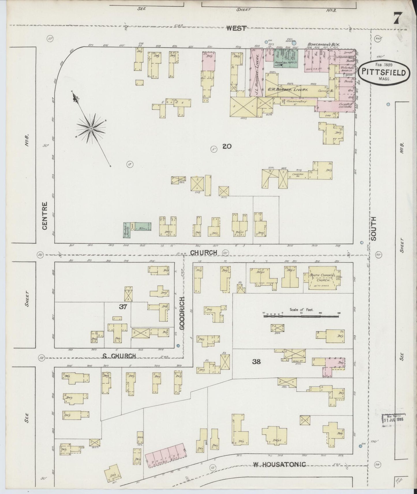 Sanborn Fire Insurance Map from Pittsfield, Berkshire County, Massachusetts (1889), Sheet #0007 - Historic Sanborn Fire Insurance Map Print, vintage old map wall art, antique decor, genealogy gift, Massachusetts Massachusetts map