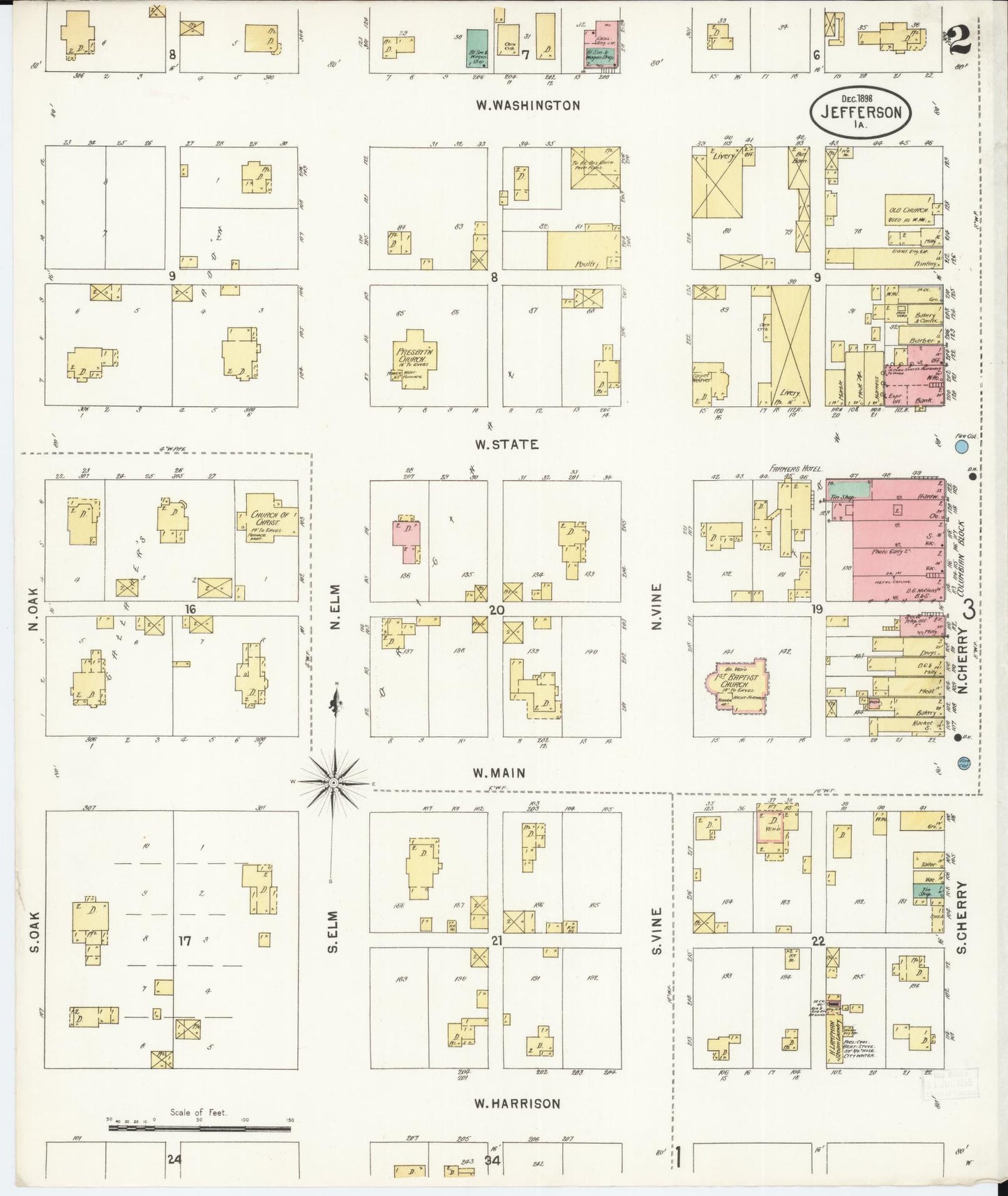 Sanborn Fire Insurance Map from Jefferson, Greene County, Iowa (1898), Sheet #0002 - Historic Sanborn Fire Insurance Map Print, vintage old map wall art