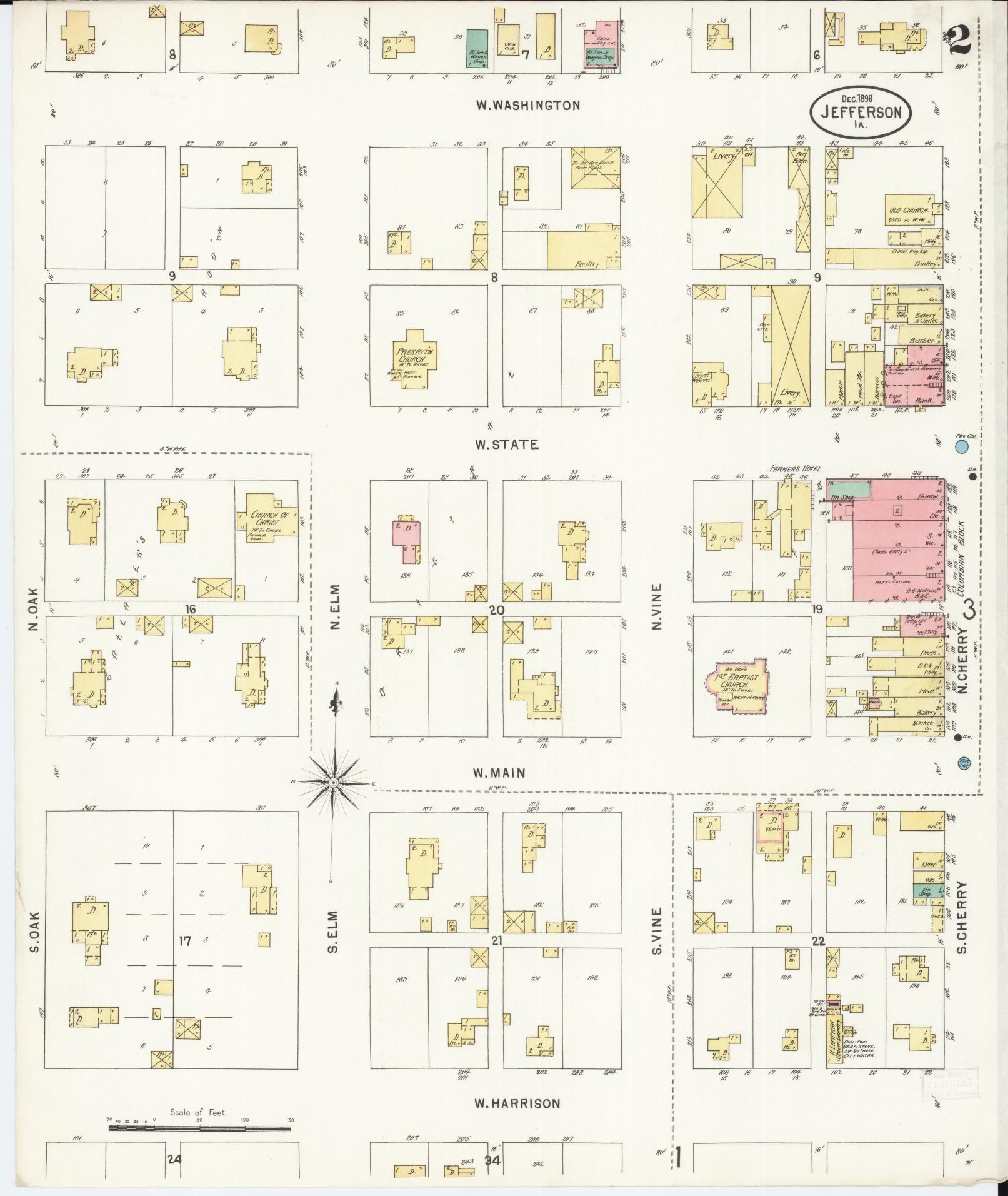 Sanborn Fire Insurance Map from Jefferson, Greene County, Iowa (1898), Sheet #0002 - Historic Sanborn Fire Insurance Map Print, vintage old map wall art