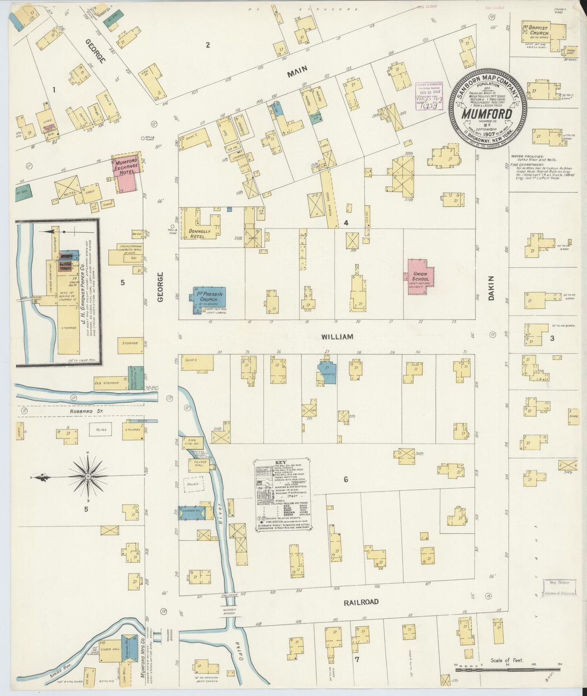 Sanborn Fire Insurance Map from Mumford, Monroe County, New York (1907), Sheet #0001 - Historic Sanborn Fire Insurance Map Print, vintage old map wall art, antique decor, genealogy gift, New York New York map