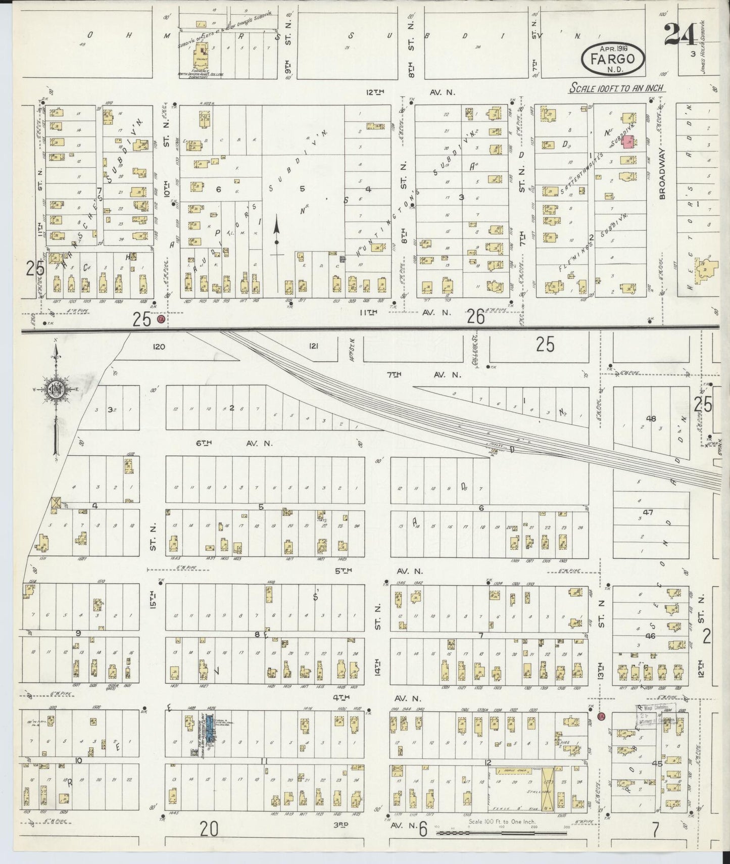 Sanborn Fire Insurance Map from Fargo, Cass County, North Dakota (1916), Sheet #0024 - Complete Map Set gallery image, historic Sanborn map, vintage wall art, North Dakota North Dakota
