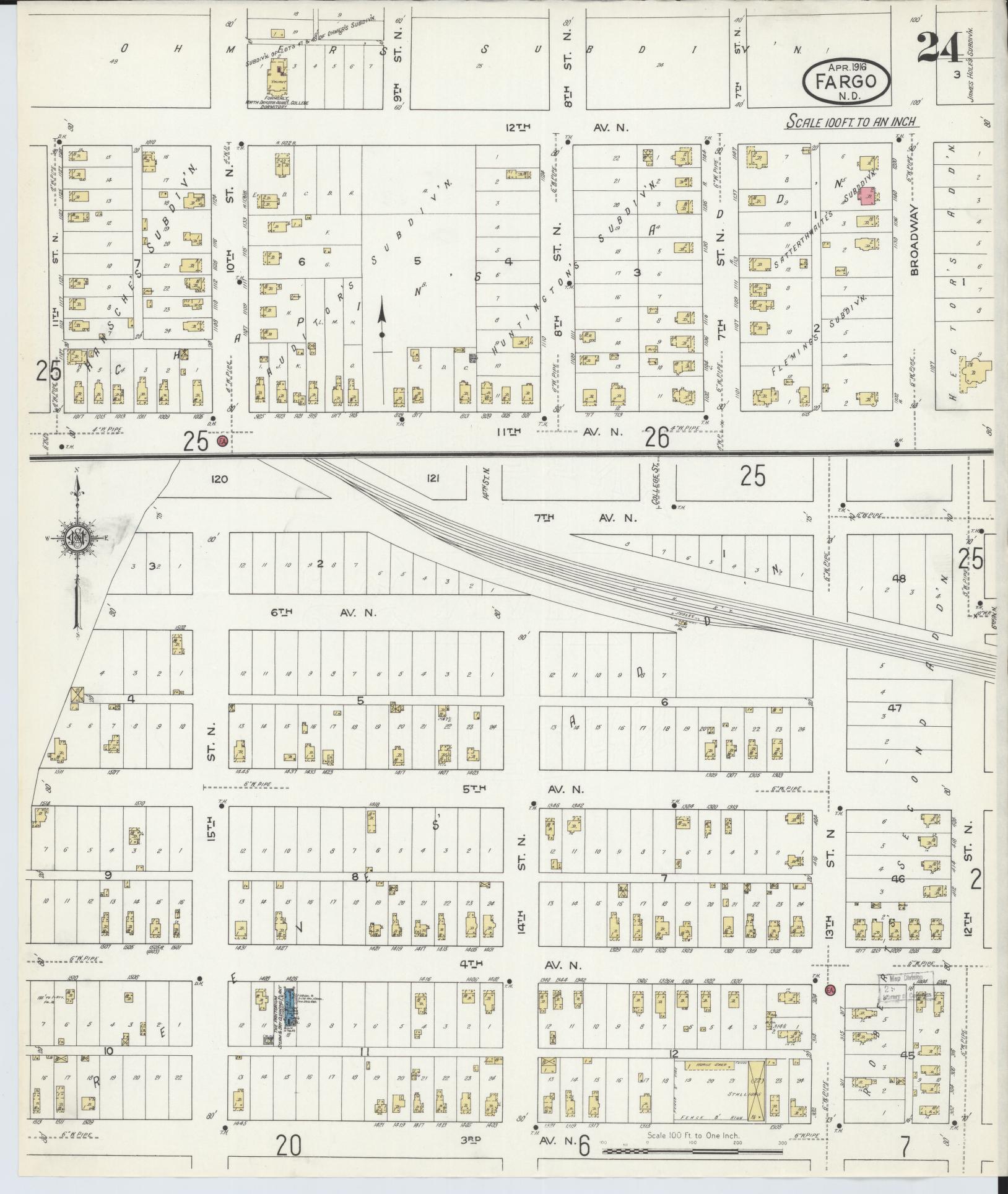 Sanborn Fire Insurance Map from Fargo, Cass County, North Dakota (1916), Sheet #0024 - Complete Map Set gallery image, historic Sanborn map, vintage wall art, North Dakota North Dakota