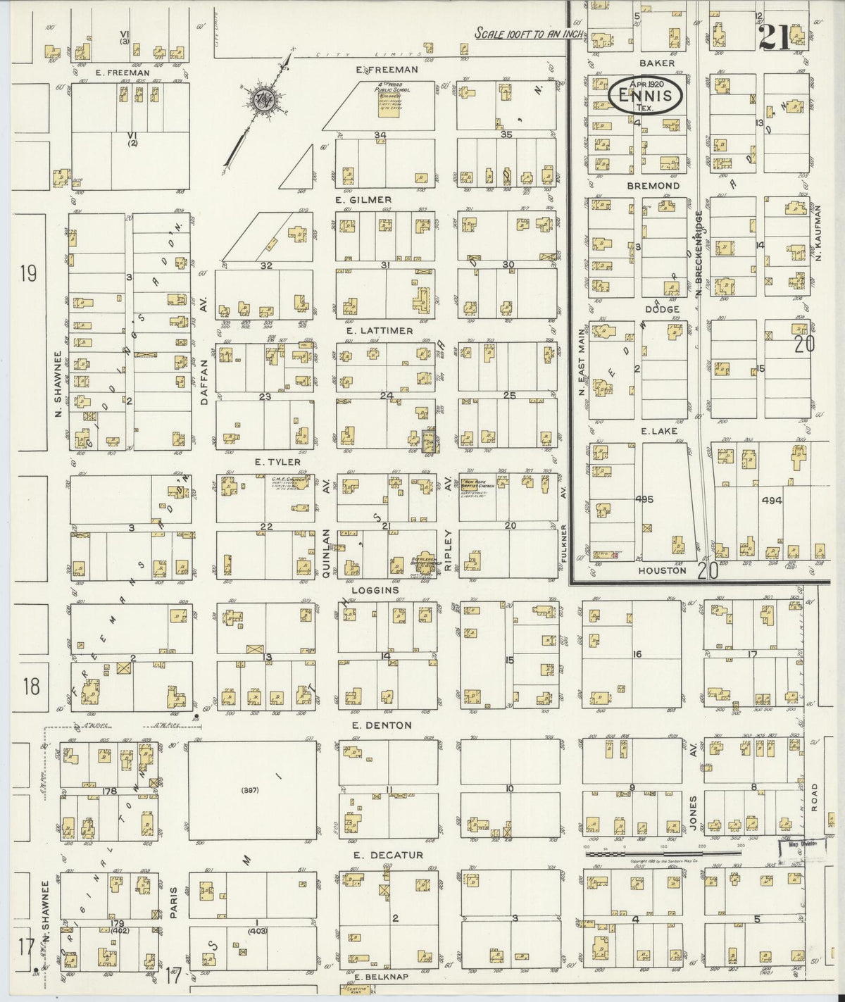 Sanborn Fire Insurance Map from Ennis, Ellis County, Texas (1920), Sheet #0021 - Historic Sanborn Fire Insurance Map Print, vintage old map wall art, antique decor, genealogy gift, Texas Texas map