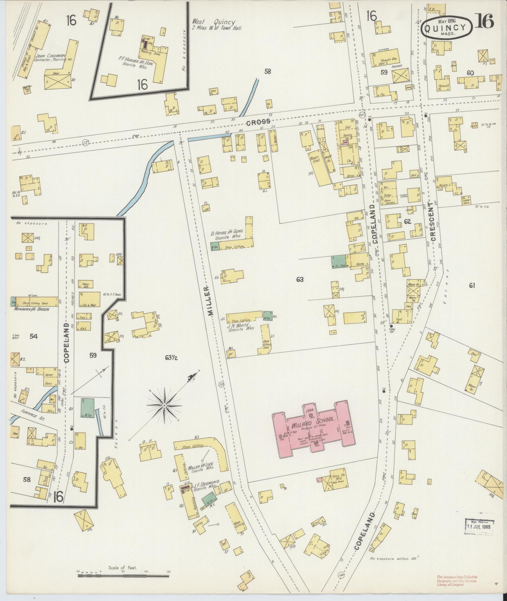 Sanborn Fire Insurance Map from Quincy, Norfolk County, Massachusetts (1896), Sheet #0016 - Historic Sanborn Fire Insurance Map Print, vintage old map wall art, antique decor, genealogy gift, Massachusetts Massachusetts map