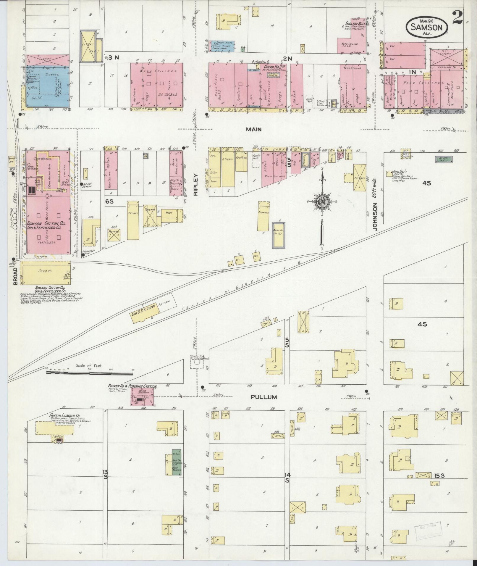 Sanborn Fire Insurance Map from Samson, Geneva County, Alabama (1910), Sheet #0002 - Historic Sanborn Fire Insurance Map Print, vintage old map wall art, antique decor, genealogy gift, Alabama Alabama map