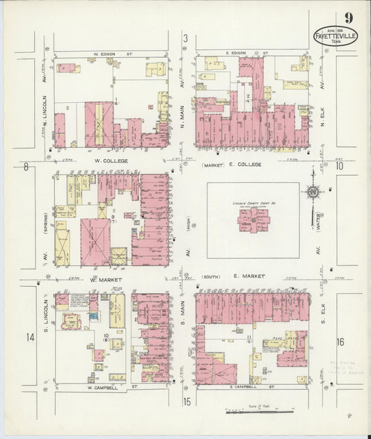Sanborn Fire Insurance Map from Fayetteville, Lincoln County, Tennessee (1914), Sheet #0009 - Historic Sanborn Fire Insurance Map Print, vintage old map wall art, antique decor, genealogy gift, Tennessee Tennessee map