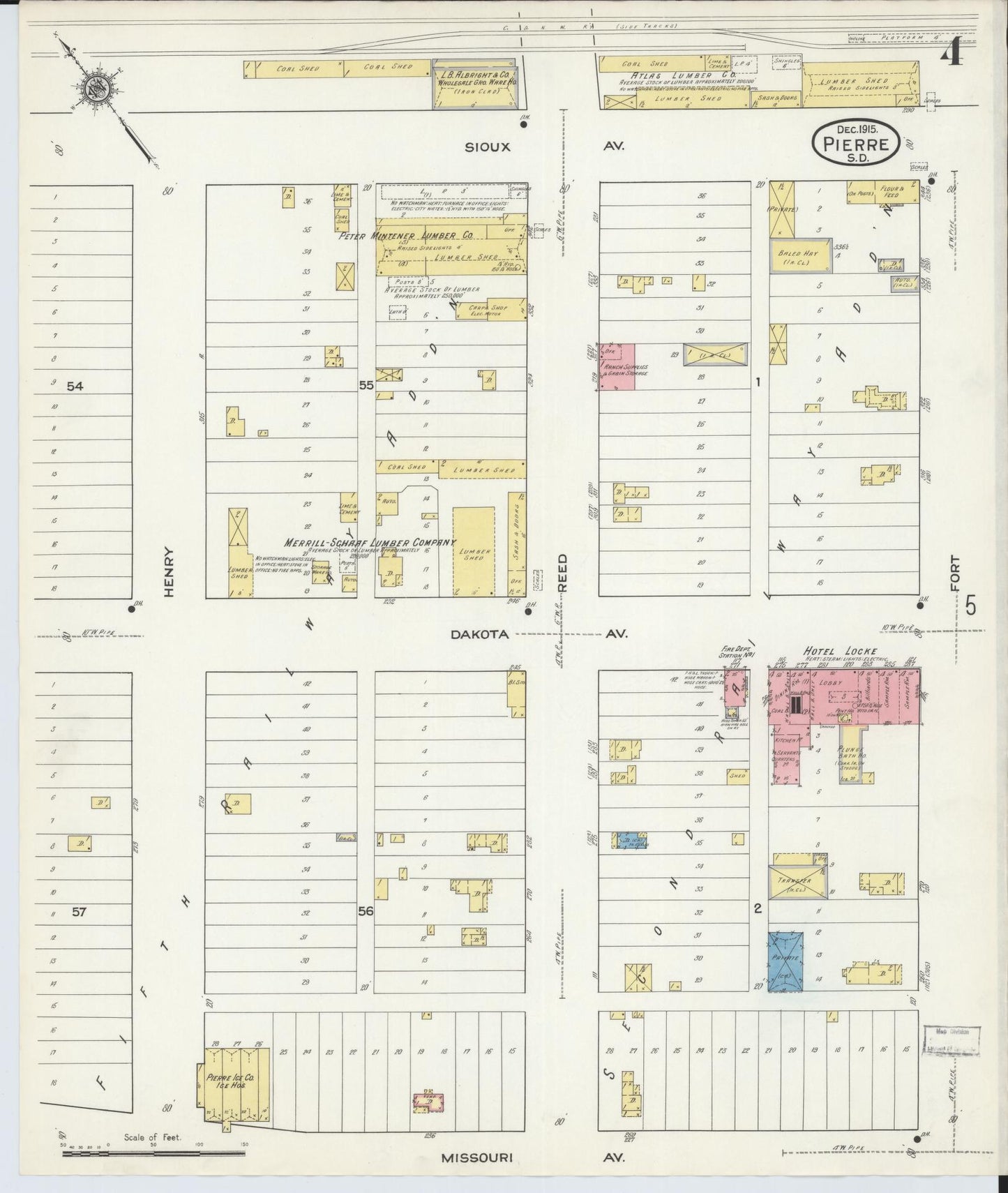 Sanborn Fire Insurance Map from Pierre, Hughes County, South Dakota (1915), Sheet #0004 - Historic Sanborn Fire Insurance Map Print, vintage old map wall art, antique decor, genealogy gift, South Dakota South Dakota map