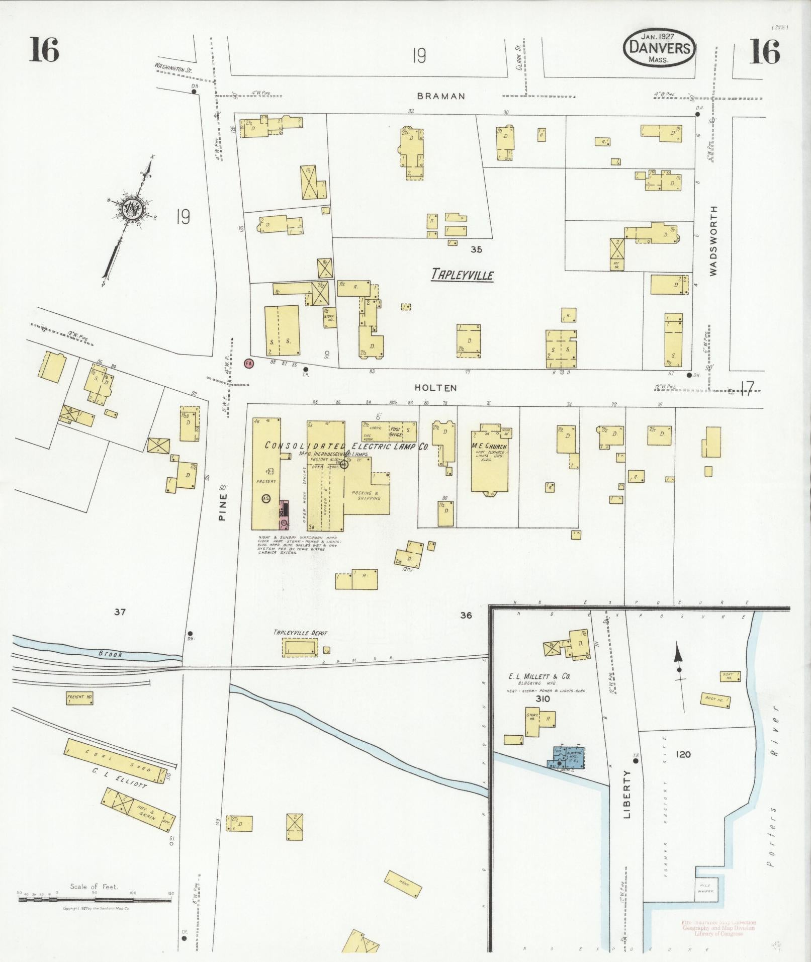 Sanborn Fire Insurance Map from Danvers, Essex County, Massachusetts (1927), Sheet #0016 - Historic Sanborn Fire Insurance Map Print, vintage old map wall art, antique decor, genealogy gift, Massachusetts Massachusetts map
