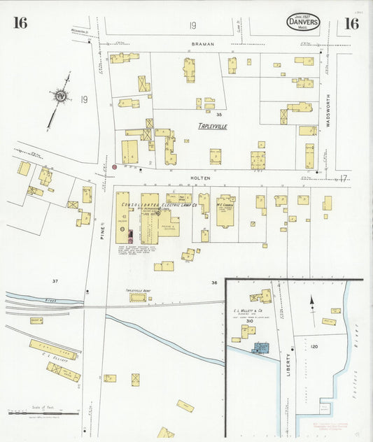 Sanborn Fire Insurance Map from Danvers, Essex County, Massachusetts (1927), Sheet #0016 - Historic Sanborn Fire Insurance Map Print, vintage old map wall art, antique decor, genealogy gift, Massachusetts Massachusetts map