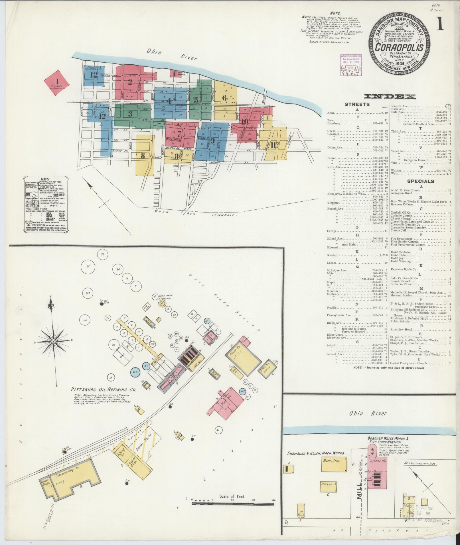 Sanborn Fire Insurance Map from Coraopolis, Allegheny County, Pennsylvania (1906), Sheet #0001 - Historic Sanborn Fire Insurance Map Print, vintage old map wall art, antique decor, genealogy gift, Pennsylvania Pennsylvania map