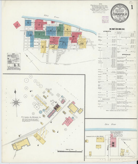 Sanborn Fire Insurance Map from Coraopolis, Allegheny County, Pennsylvania (1906), Sheet #0001 - Historic Sanborn Fire Insurance Map Print, vintage old map wall art, antique decor, genealogy gift, Pennsylvania Pennsylvania map