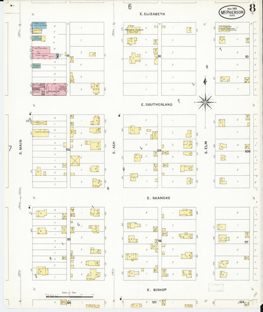 Sanborn Fire Insurance Map from Mcpherson, Mcpherson County, Kansas (1908), Sheet #0008 - Historic Sanborn Fire Insurance Map Print, vintage old map wall art, antique decor, genealogy gift, Kansas Kansas map