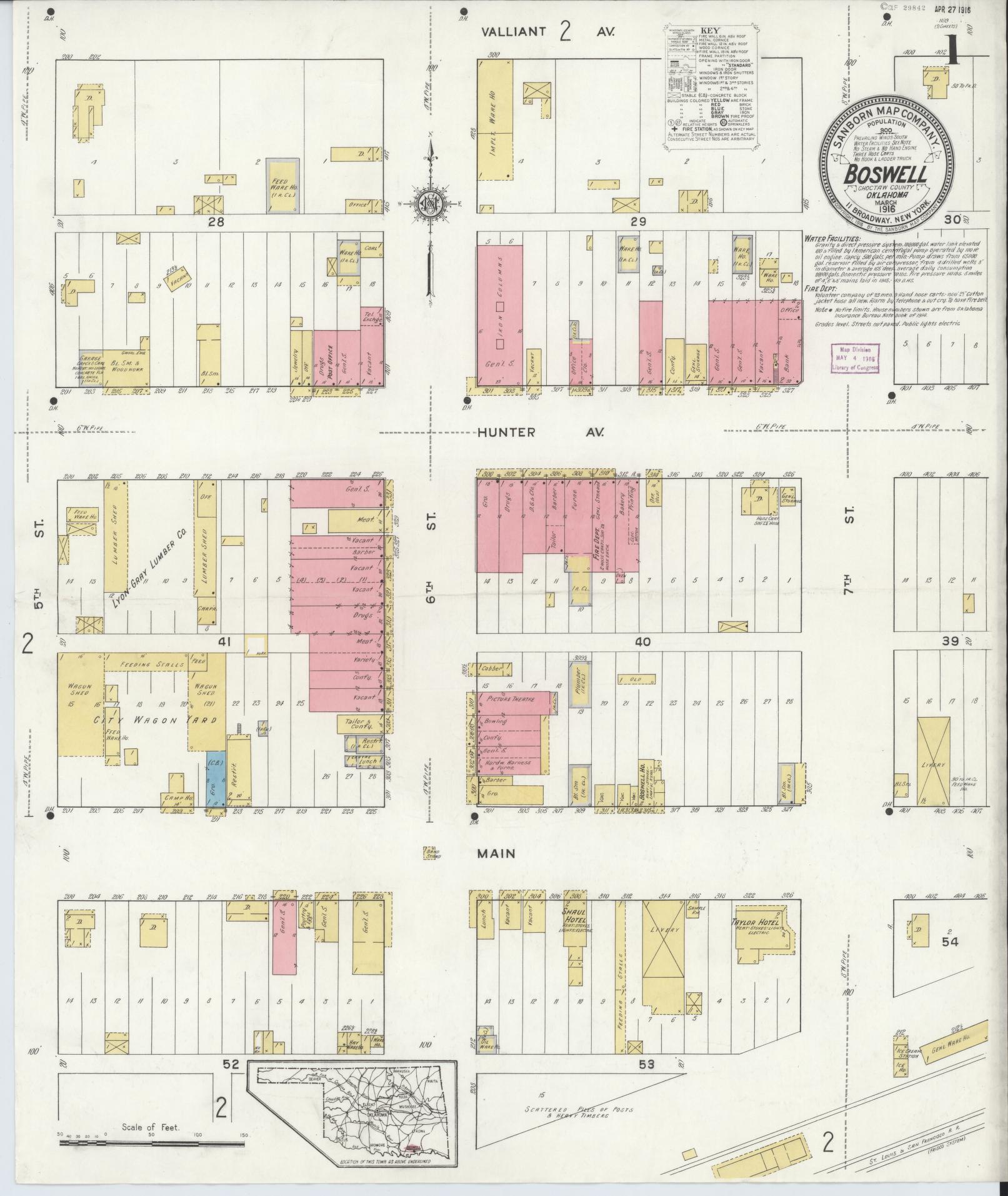 Sanborn Fire Insurance Map from Boswell, Choctaw County, Oklahoma (1916), Sheet #0001 - Complete Map Set gallery image, historic Sanborn map, vintage wall art, Oklahoma Oklahoma