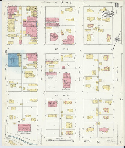 Sanborn Fire Insurance Map from Saint Cloud, Stearns, Benton, and Sherburne Counties, Minnesota (1913), Sheet #0011 - Complete Map Set gallery image, historic Sanborn map, vintage wall art, Minnesota Minnesota