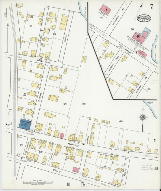 Sanborn Fire Insurance Map from Warren, Bristol County, Rhode Island (1920), Sheet #0007 - Historic Sanborn Fire Insurance Map Print, vintage old map wall art, antique decor, genealogy gift, Rhode Island Rhode Island map