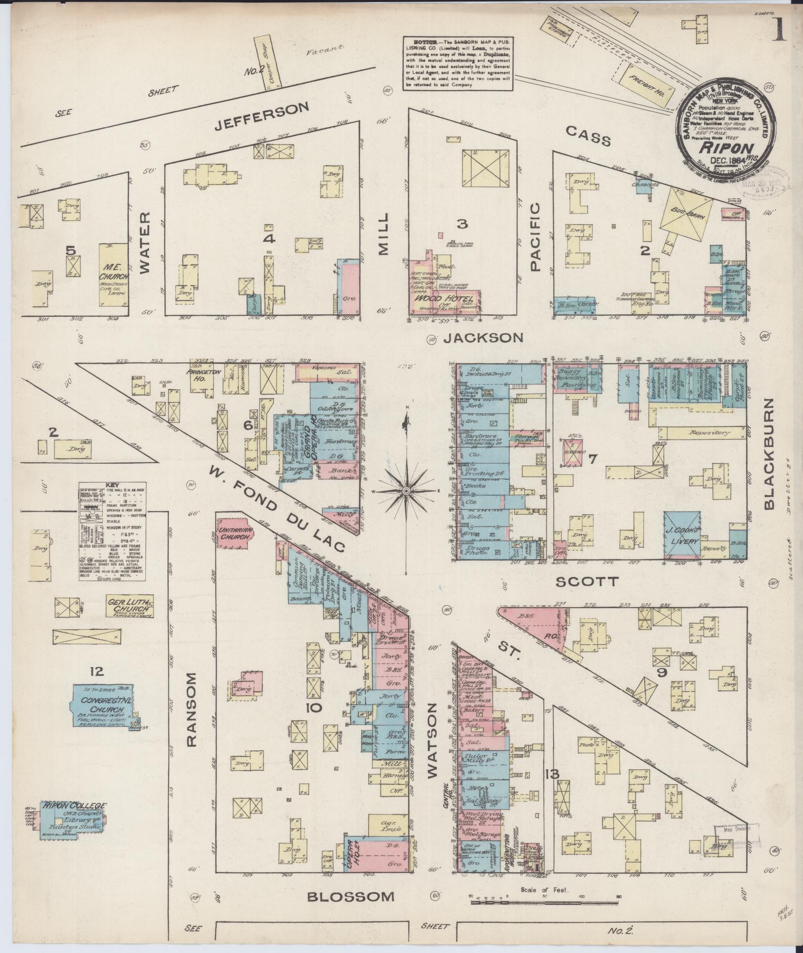 Sanborn Fire Insurance Map from Ripon, Fond du Lac County, Wisconsin (1884), Sheet #0001 - Complete Map Set gallery image, historic Sanborn map, vintage wall art, Wisconsin Wisconsin