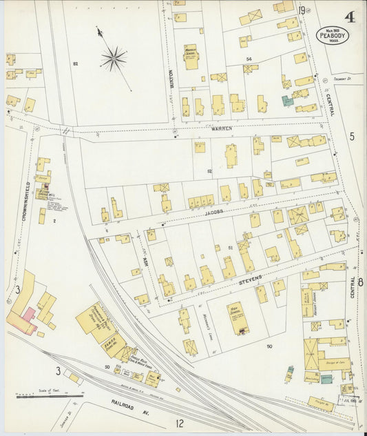 Sanborn Fire Insurance Map from Peabody, Essex County, Massachusetts (1903), Sheet #0004 - Historic Sanborn Fire Insurance Map Print, vintage old map wall art, antique decor, genealogy gift, Massachusetts Massachusetts map