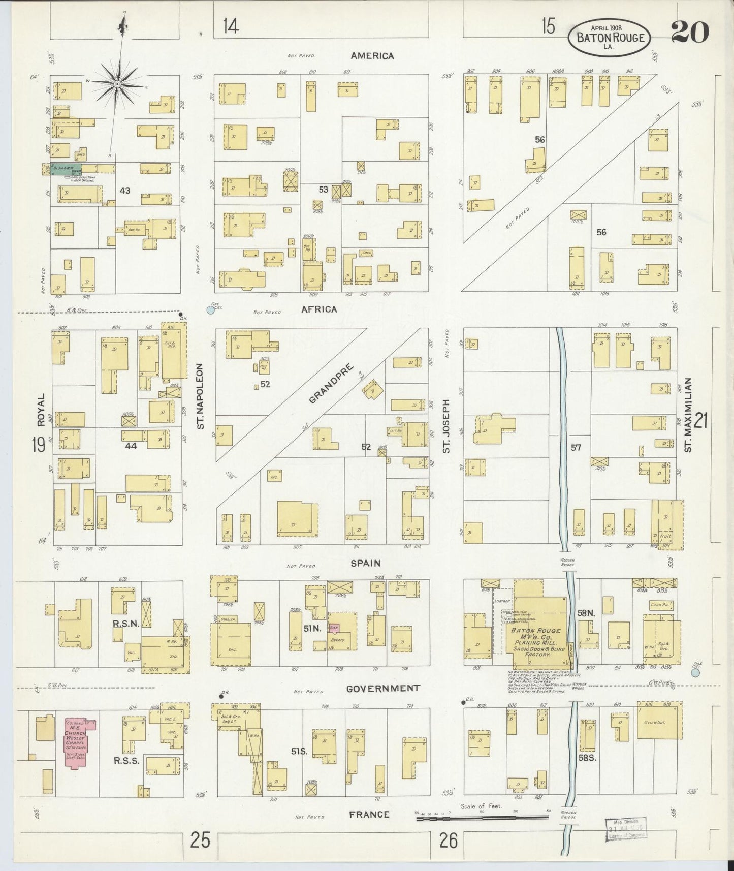 Sanborn Fire Insurance Map from Baton Rouge, East Baton Rouge Parish, Louisiana (1908), Sheet #0020 - Historic Sanborn Fire Insurance Map Print, vintage old map wall art, antique decor, genealogy gift, Louisiana Louisiana map