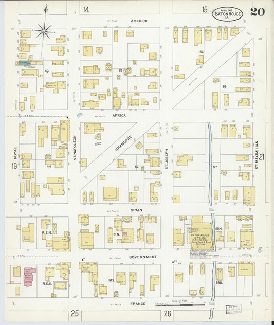 Sanborn Fire Insurance Map from Baton Rouge, East Baton Rouge Parish, Louisiana (1908), Sheet #0020 - Historic Sanborn Fire Insurance Map Print, vintage old map wall art, antique decor, genealogy gift, Louisiana Louisiana map