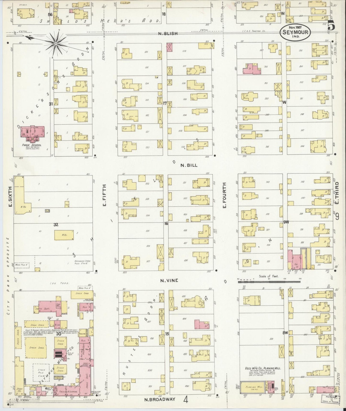 Sanborn Fire Insurance Map from Seymour, Jackson County, Indiana (1907), Sheet #0005 - Complete Map Set gallery image, historic Sanborn map, vintage wall art, Indiana Indiana