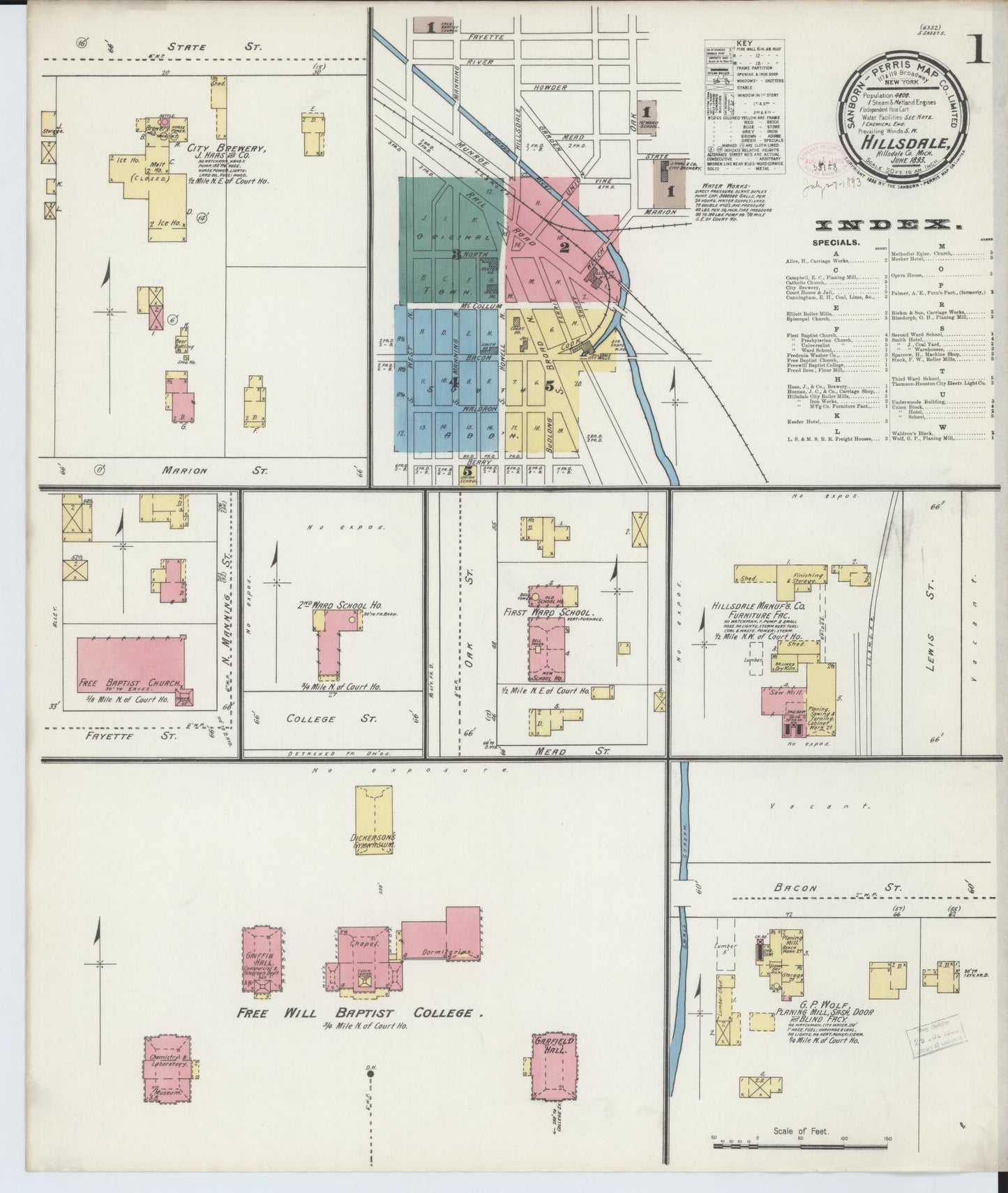 Sanborn Fire Insurance Map from Hillsdale, Hillsdale County, Michigan (1893), Sheet #0001 - Complete Map Set gallery image, historic Sanborn map, vintage wall art, Michigan Michigan