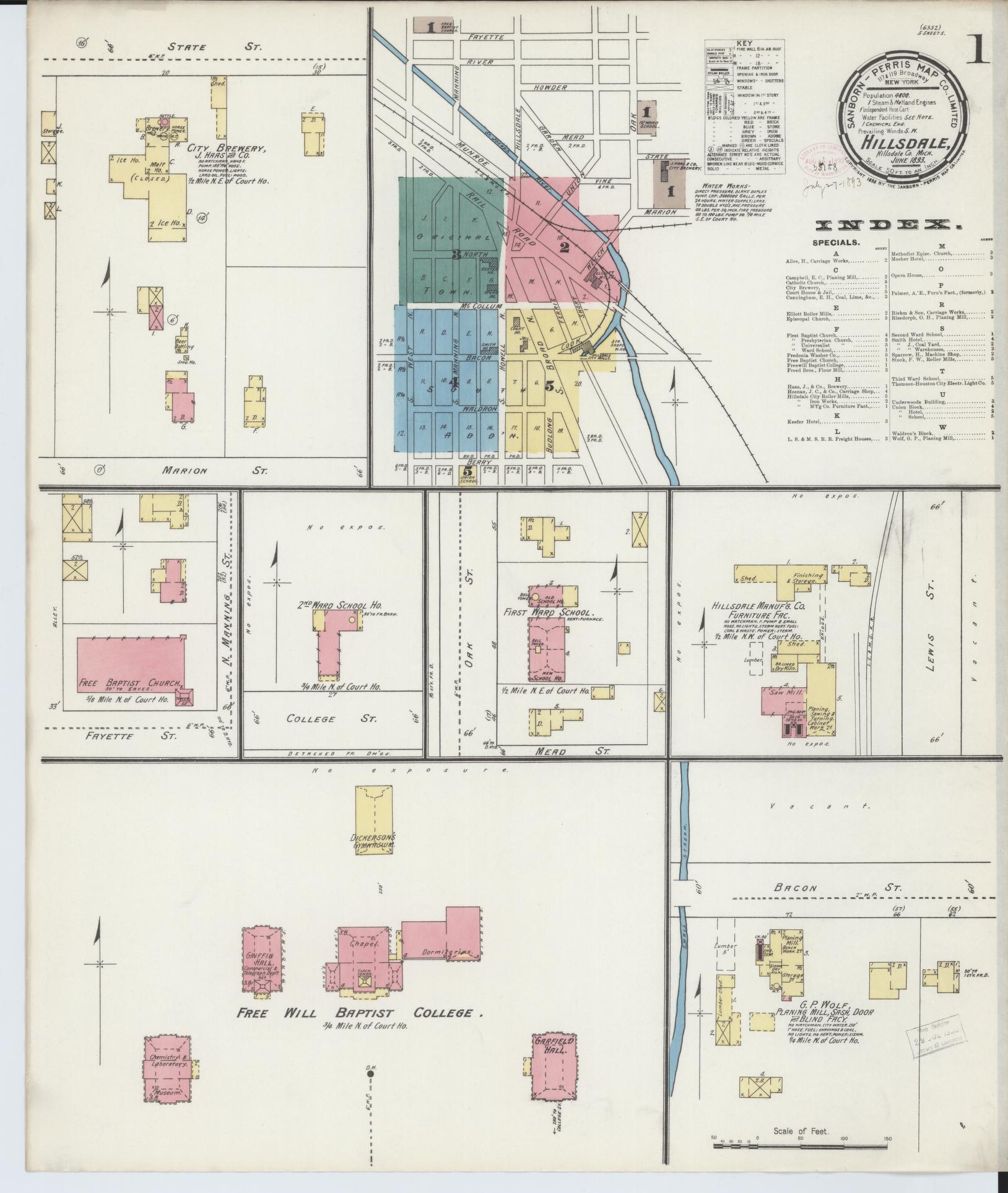 Sanborn Fire Insurance Map from Hillsdale, Hillsdale County, Michigan (1893), Sheet #0001 - Complete Map Set gallery image, historic Sanborn map, vintage wall art, Michigan Michigan