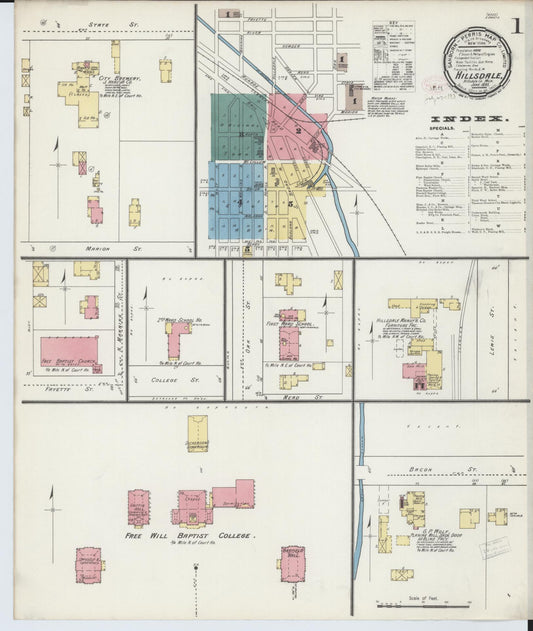 Sanborn Fire Insurance Map from Hillsdale, Hillsdale County, Michigan (1893), Sheet #0001 - Complete Map Set gallery image, historic Sanborn map, vintage wall art, Michigan Michigan