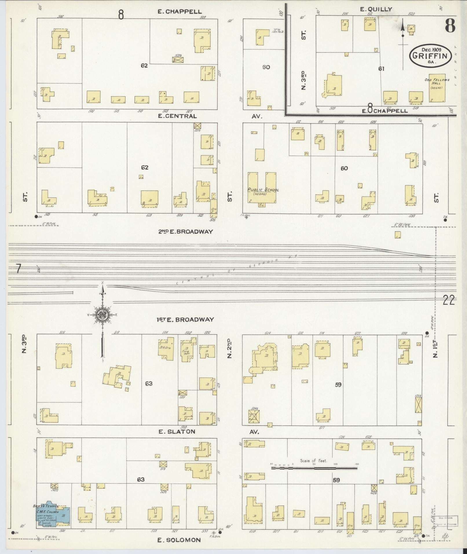 Sanborn Fire Insurance Map from Griffin, Spalding County, Georgia (1909), Sheet #0008 - Historic Sanborn Fire Insurance Map Print, vintage old map wall art, antique decor, genealogy gift, Georgia Georgia map