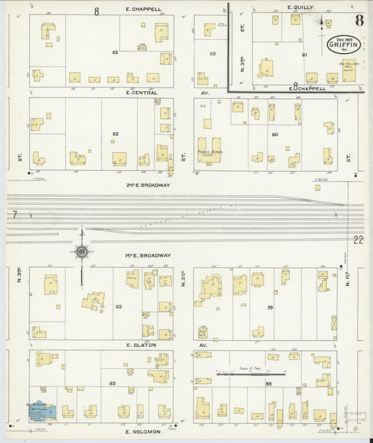 Sanborn Fire Insurance Map from Griffin, Spalding County, Georgia (1909), Sheet #0008 - Historic Sanborn Fire Insurance Map Print, vintage old map wall art, antique decor, genealogy gift, Georgia Georgia map