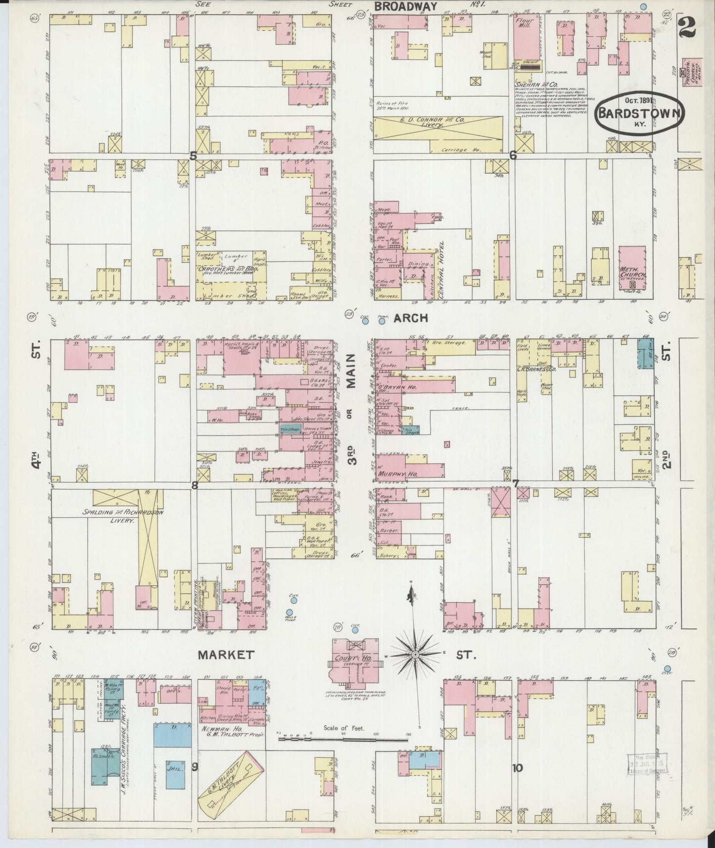 Sanborn Fire Insurance Map from Bardstown, Nelson County, Kentucky (1891), Sheet #0002 - Historic Sanborn Fire Insurance Map Print, vintage old map wall art, antique decor, genealogy gift, Kentucky Kentucky map