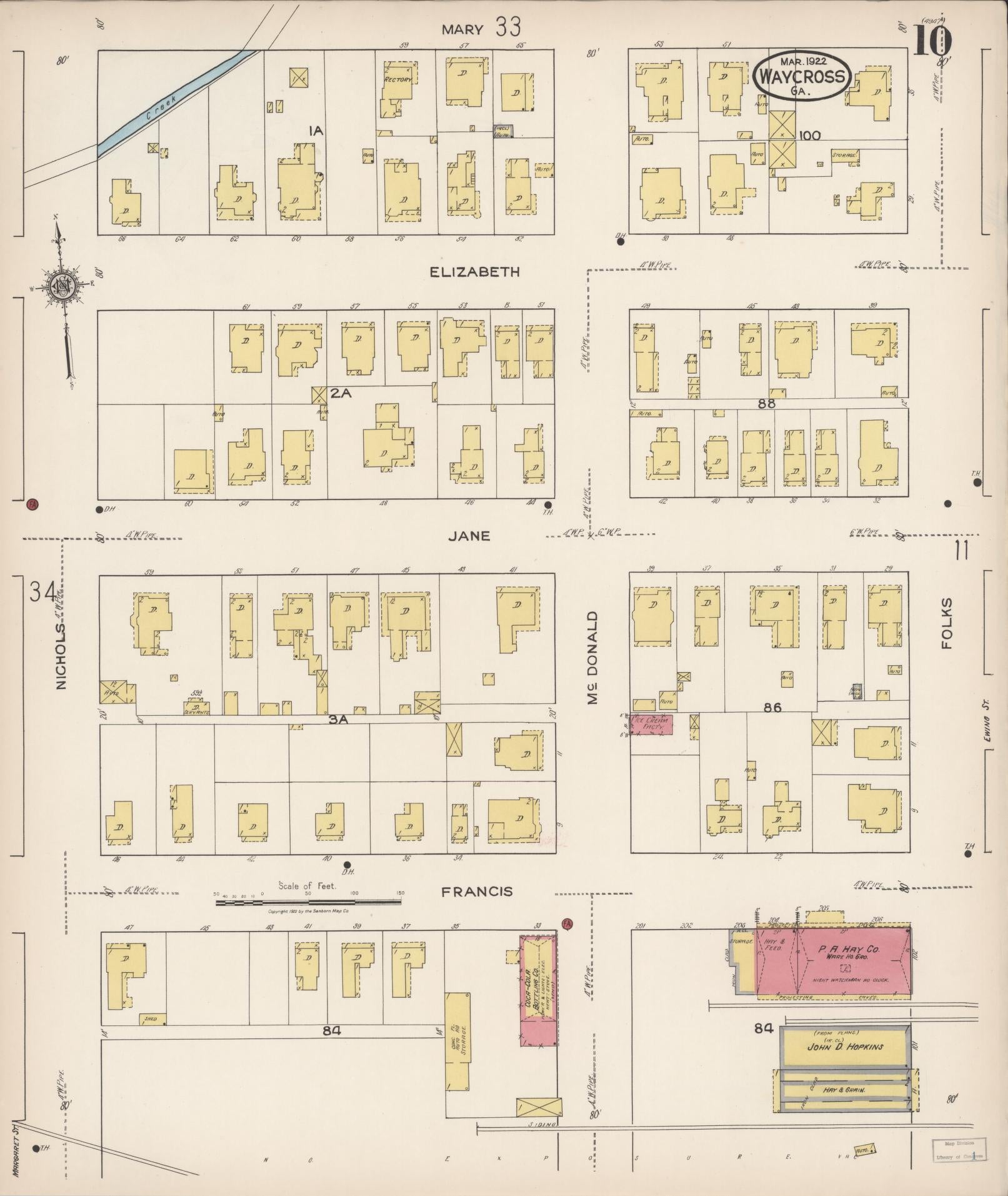 Sanborn Fire Insurance Map from Waycross, Ware County, Georgia (1922), Sheet #0010 - Historic Sanborn Fire Insurance Map Print, vintage old map wall art, antique decor, genealogy gift, Georgia Georgia map