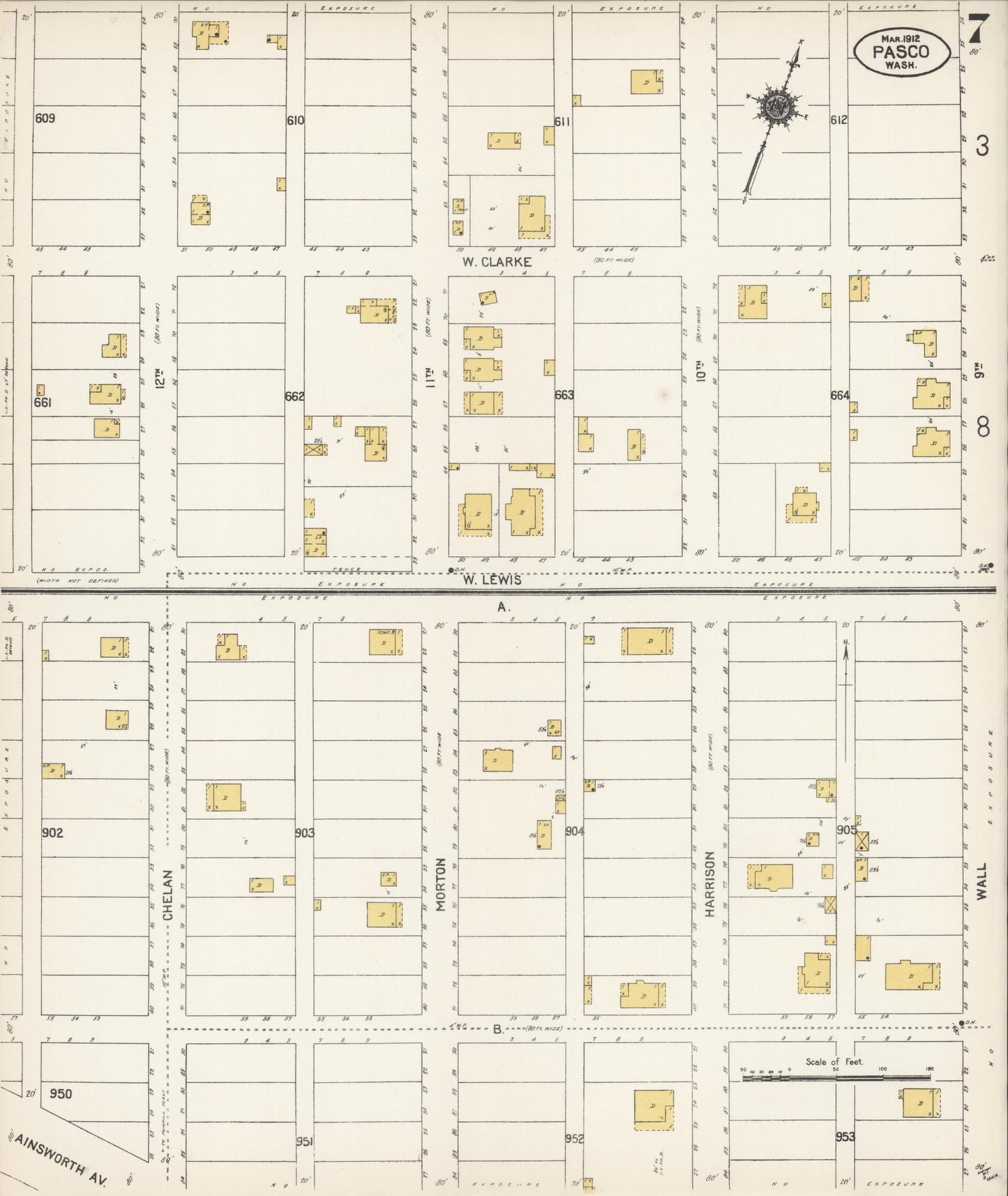 Sanborn Fire Insurance Map from Pasco, Franklin County, Washington (1912), Sheet #0007 - Historic Sanborn Fire Insurance Map Print, vintage old map wall art, antique decor, genealogy gift, Washington Washington map