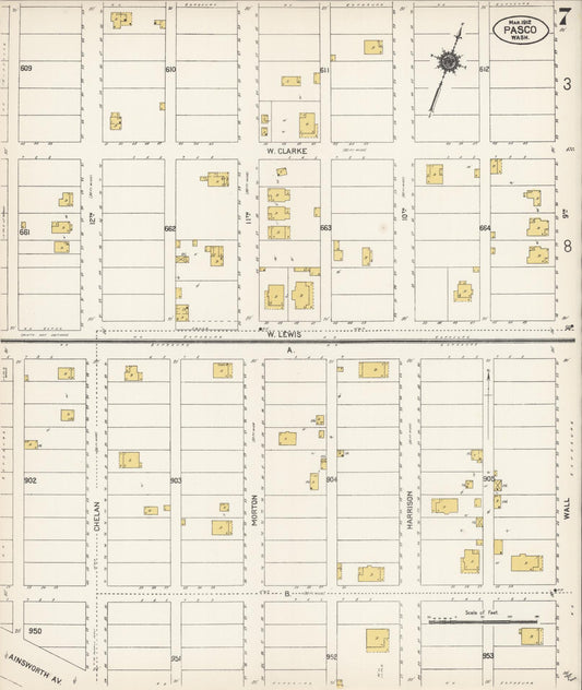 Sanborn Fire Insurance Map from Pasco, Franklin County, Washington (1912), Sheet #0007 - Historic Sanborn Fire Insurance Map Print, vintage old map wall art, antique decor, genealogy gift, Washington Washington map