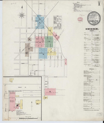 Sanborn Fire Insurance Map from Charlotte, Eaton County, Michigan (1895), Sheet #0001 - Historic Sanborn Fire Insurance Map Print, vintage old map wall art, antique decor, genealogy gift, Michigan Michigan map
